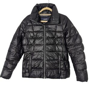 Lands End Puffer Coat Women 12 Black Down Quilted Full Zip Light Weight Packable